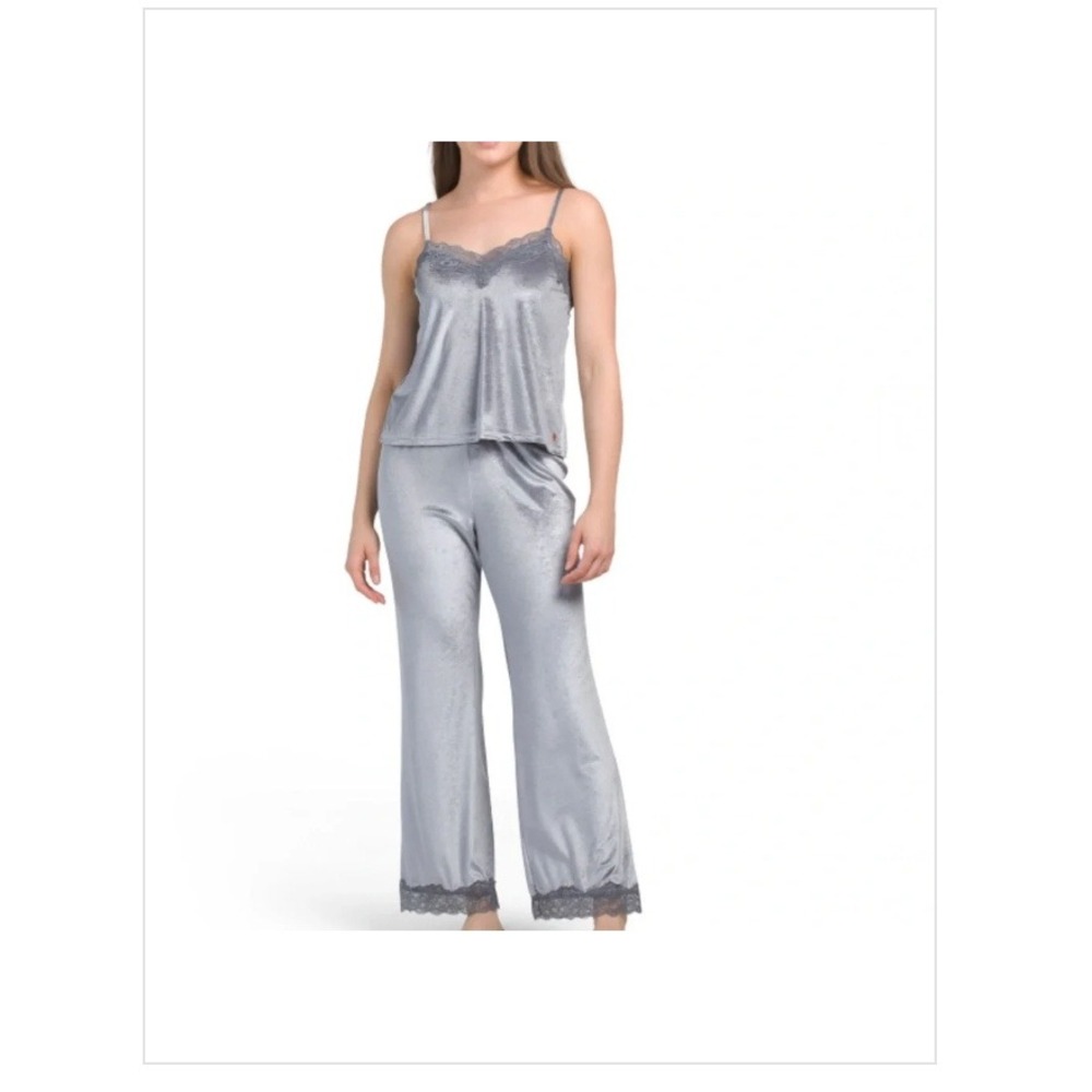 Danskin Womens Silver Crushed Velvet Pajama Set Lace Trim Cami and Pants Large